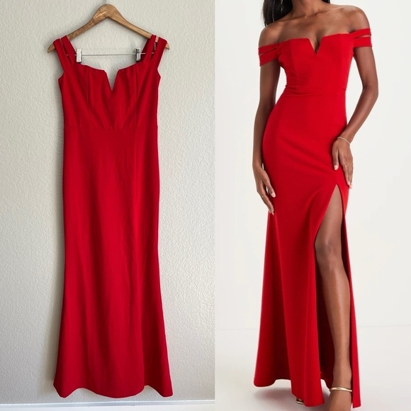 Alluring Vision Red Notched Off-The-Shoulder Maxi Dress - Picture 1 of 9